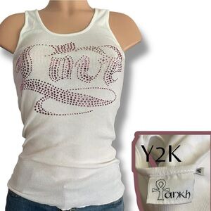 Vintage Y2K Ankh White Ribbed Rhinestone Tank Top Pink Bling Medium